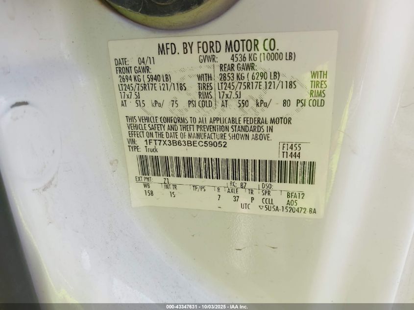 2011 Ford F-350 Xl VIN: 1FT7X3B63BEC59052 Lot: 43347631