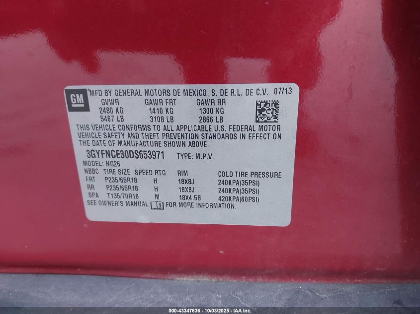 2013 Cadillac Srx Luxury Collection VIN: 3GYFNCE30DS653971 Lot: 43347636