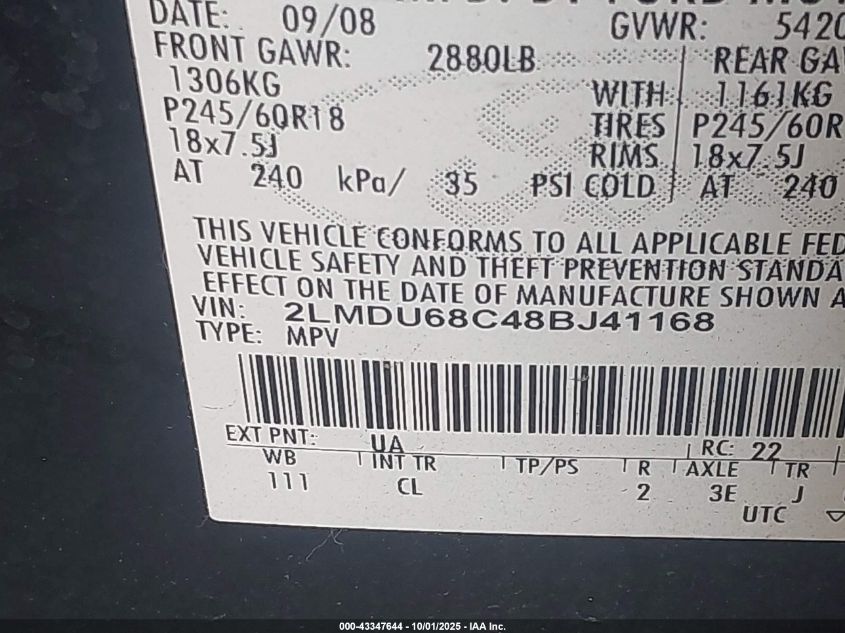 2008 Lincoln Mkx VIN: 2LMDU68C48BJ41168 Lot: 43347644