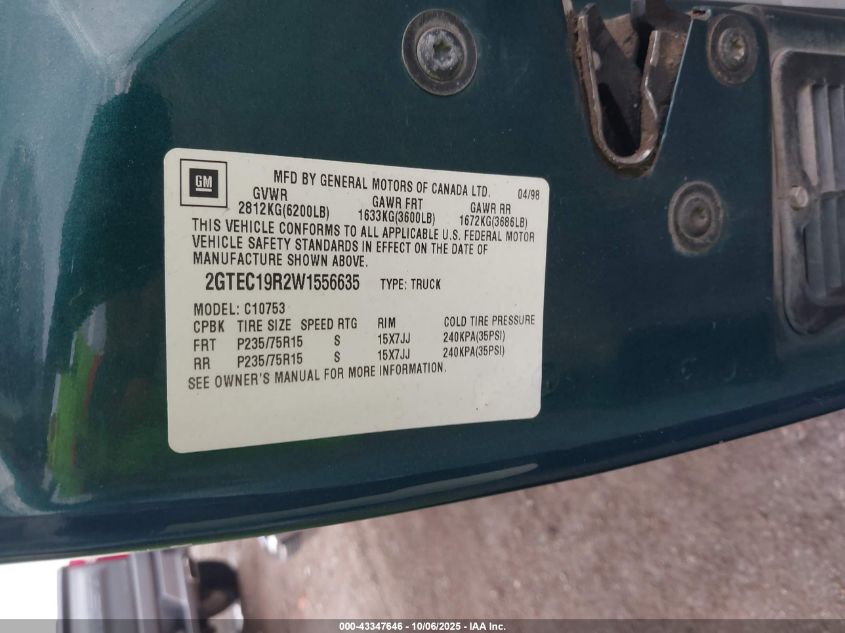 1998 GMC Sierra 1500 Sl Wideside VIN: 2GTEC19R2W1556635 Lot: 43347646