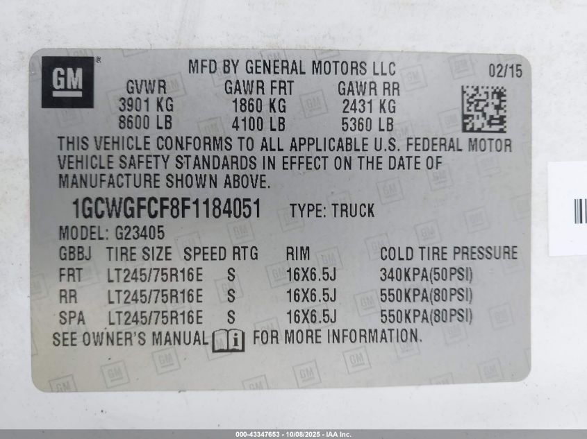 2015 Chevrolet Express 2500 Work Van VIN: 1GCWGFCF8F1184051 Lot: 43347653