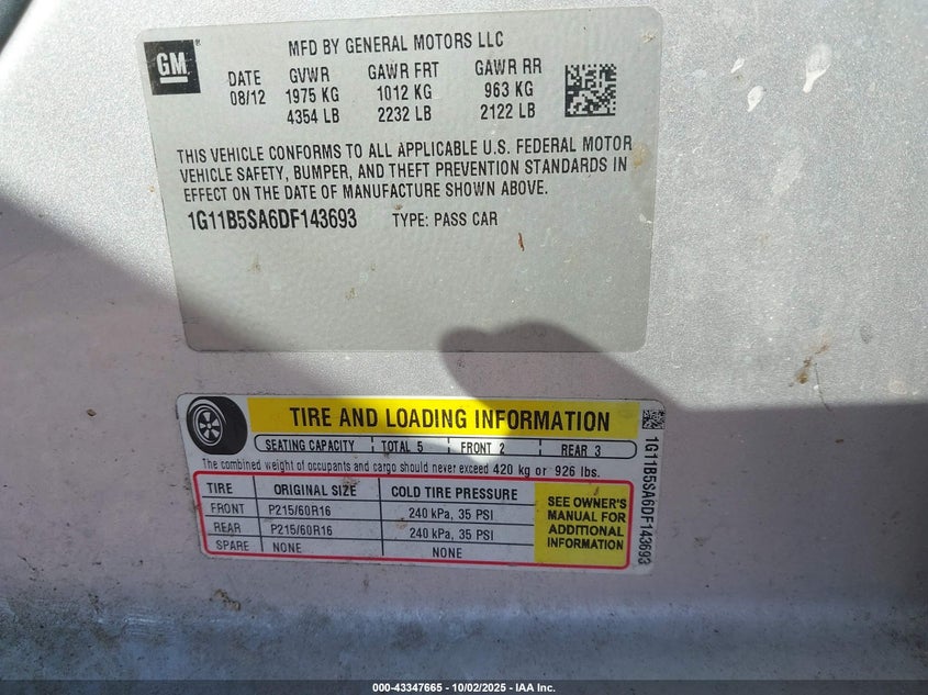 2013 CHEVROLET MALIBU 1LS 1G11B5SA6DF143693