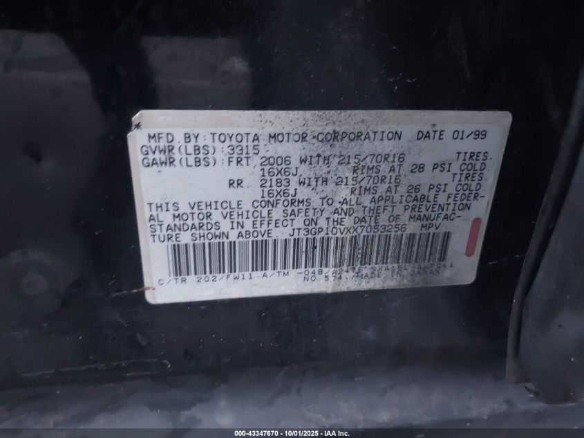 1999 Toyota Rav4 VIN: JT3GP10VXX7053256 Lot: 43347670