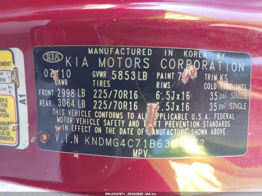 2011 Kia Sedona Lx VIN: KNDMG4C71B6384772 Lot: 43347671