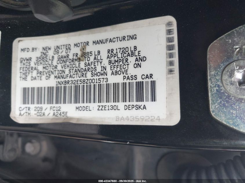 2008 Toyota Corolla S VIN: 1NXBR32E58Z001573 Lot: 43347680