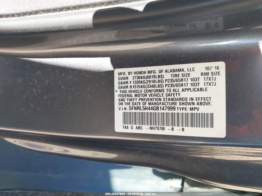 2016 HONDA ODYSSEY EX - 5FNRL5H44GB147999