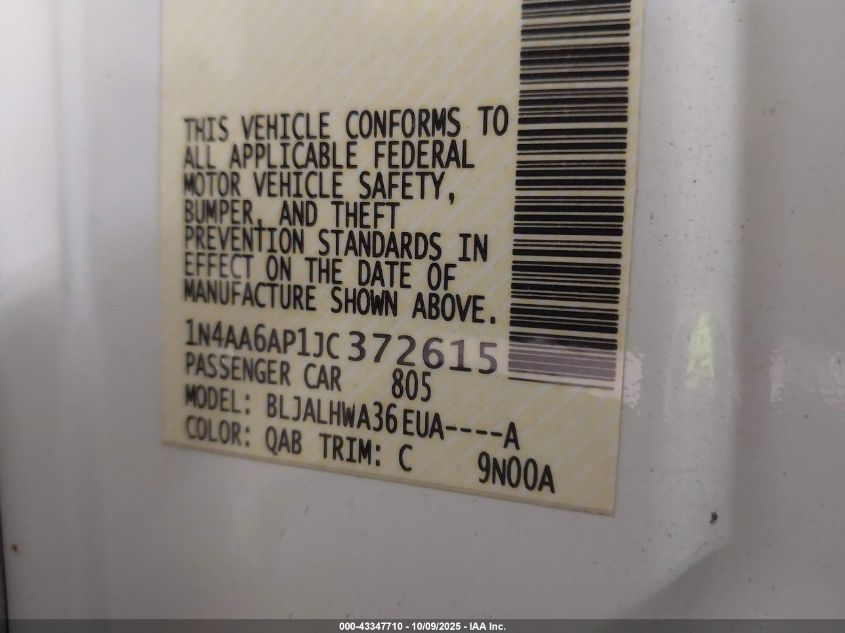 2018 Nissan Maxima 3.5 Platinum VIN: 1N4AA6AP1JC372615 Lot: 43347710