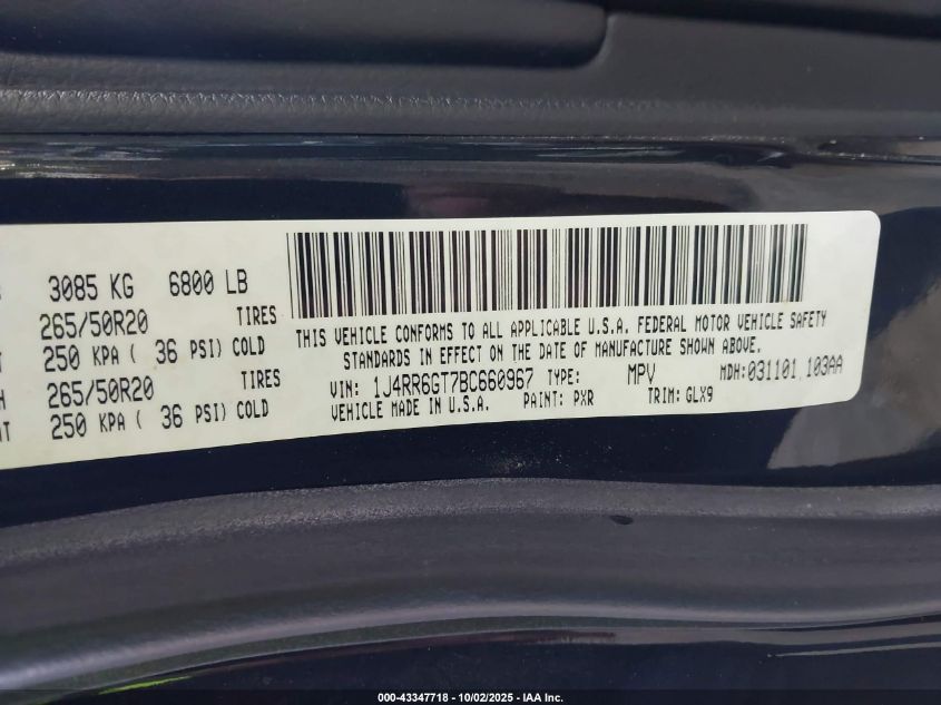 2011 Jeep Grand Cherokee Overland VIN: 1J4RR6GT7BC660967 Lot: 43347718