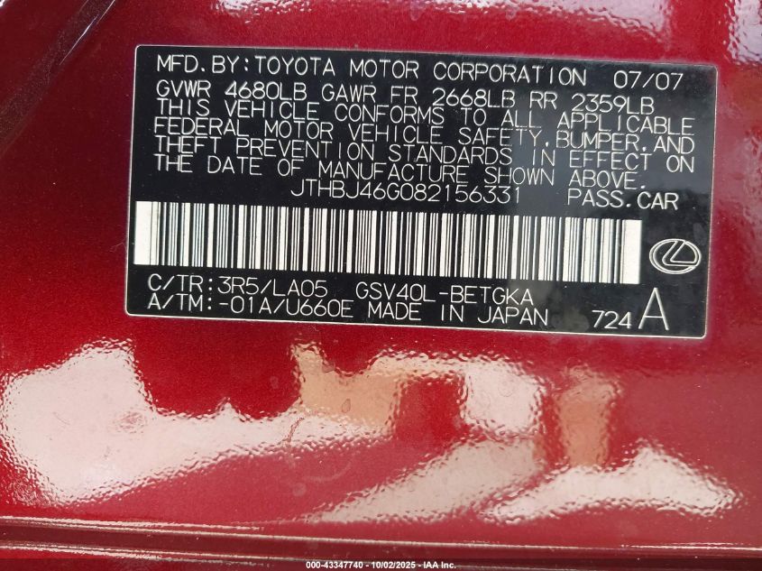 2008 Lexus Es 350 VIN: JTHBJ46G082156331 Lot: 43347740