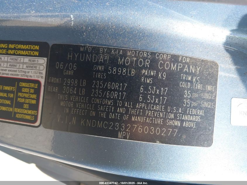 2007 Hyundai Entourage Gls/Limited/Se VIN: KNDMC233276030277 Lot: 43347742