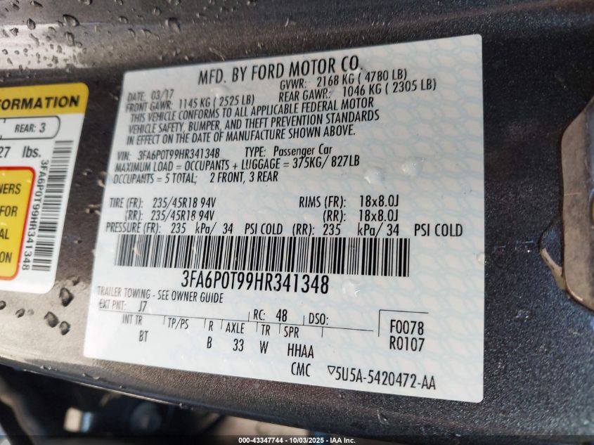 2017 Ford Fusion Se VIN: 3FA6P0T99HR341348 Lot: 43347744