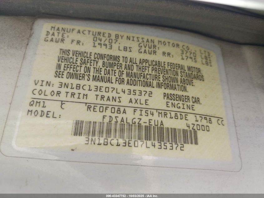 2007 Nissan Versa 1.8Sl VIN: 3N1BC13E07L435372 Lot: 43347752