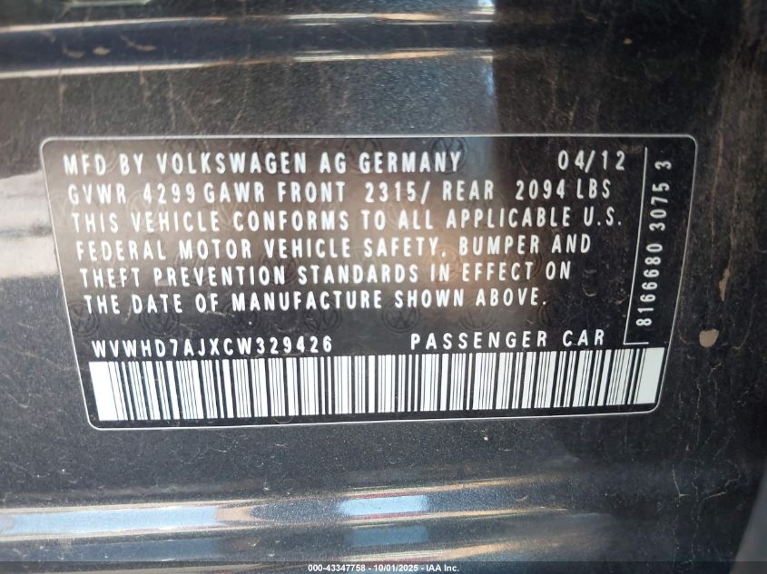 2012 Volkswagen Gti 4-Door/4-Door Autobahn VIN: WVWHD7AJXCW329426 Lot: 43347758