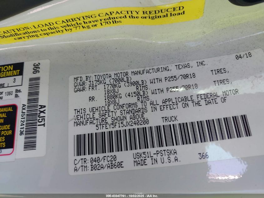 2018 Toyota Tundra Sr5 5.7L V8 VIN: 5TFEY5F15JX240200 Lot: 43347761