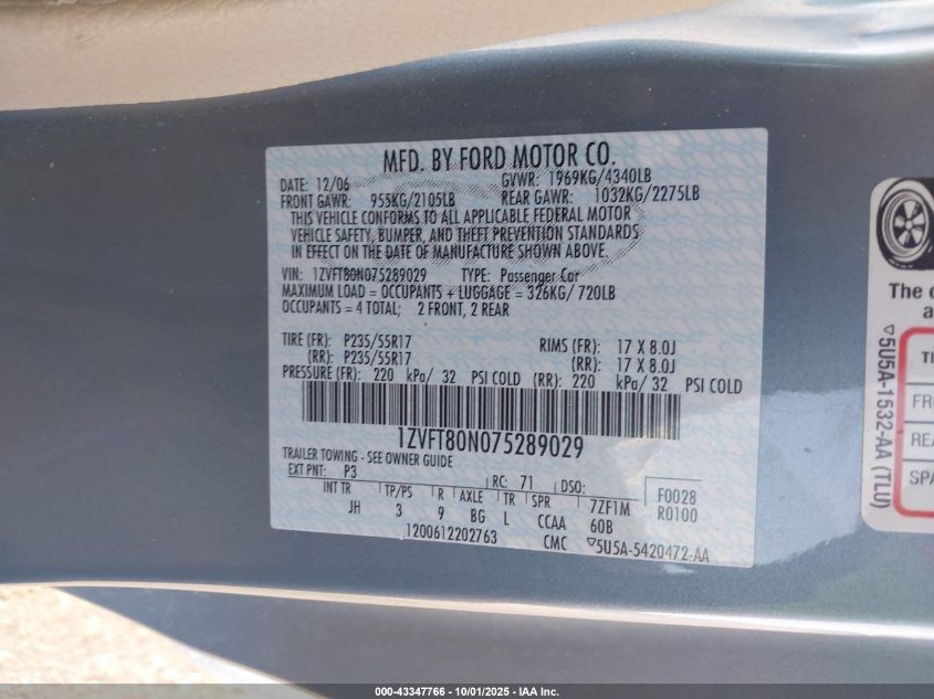 2007 Ford Mustang V6 Deluxe/V6 Premium VIN: 1ZVFT80N075289029 Lot: 43347766