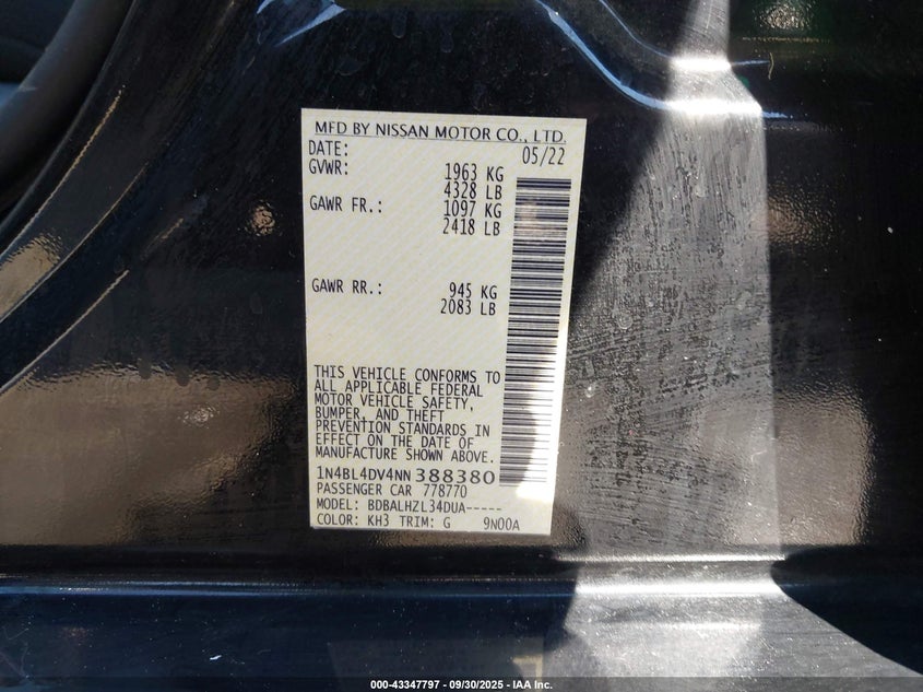 2022 NISSAN ALTIMA SV FWD - 1N4BL4DV4NN388380