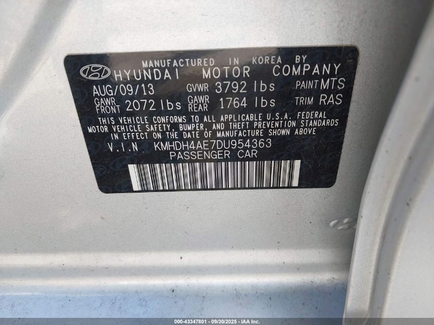 2013 Hyundai Elantra Gls VIN: KMHDH4AE7DU954363 Lot: 43347801