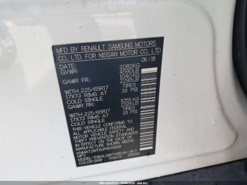 2018 Nissan Rogue Sv VIN: KNMAT2MT8JP603668 Lot: 43347812