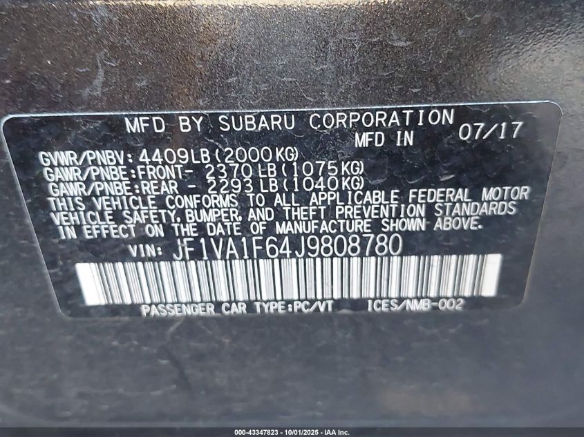 2018 Subaru Wrx Limited VIN: JF1VA1F64J9808780 Lot: 43347823