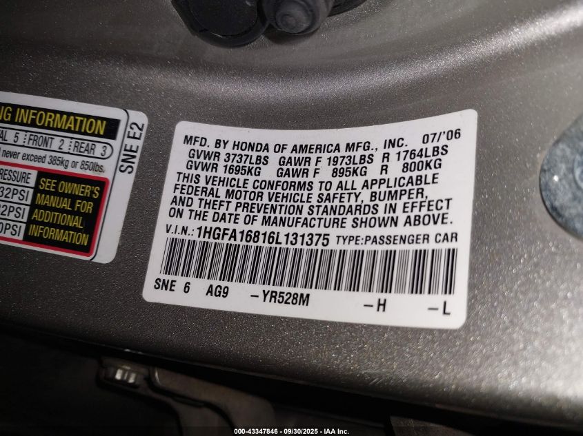 2006 Honda Civic Ex VIN: 1HGFA16816L131375 Lot: 43347846