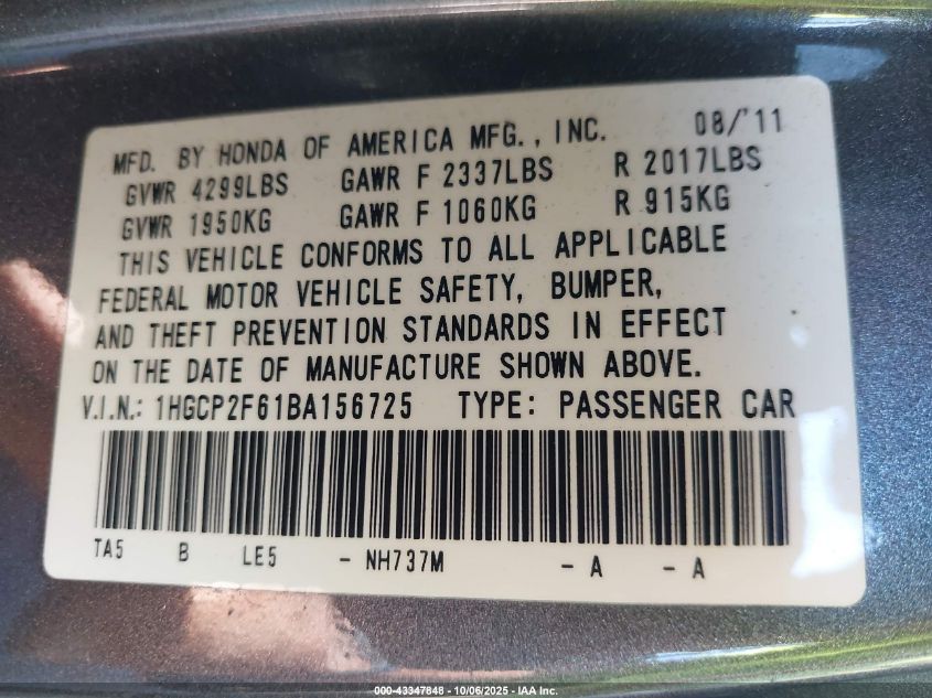 2011 Honda Accord 2.4 Se VIN: 1HGCP2F61BA156725 Lot: 43347848