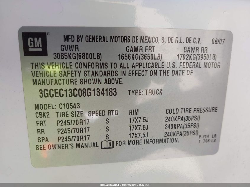 2008 Chevrolet Silverado 1500 Ls VIN: 3GCEC13C08G134183 Lot: 43347854