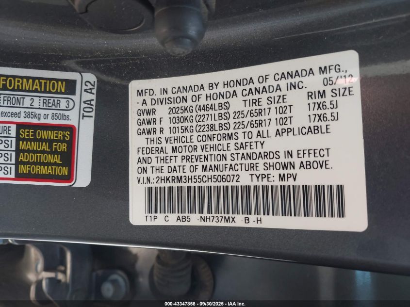 2012 Honda Cr-V Ex VIN: 2HKRM3H55CH506072 Lot: 43347858