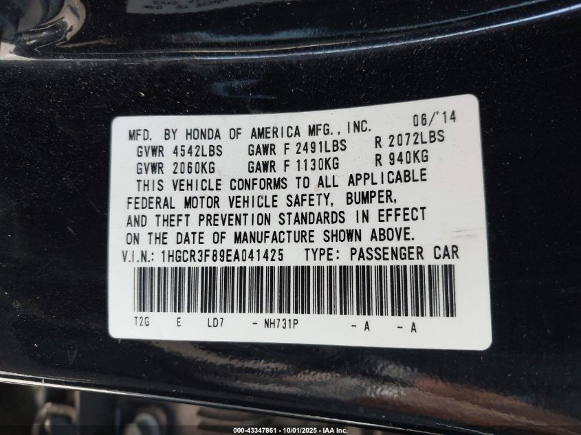 2014 Honda Accord Ex-L V-6 VIN: 1HGCR3F89EA041425 Lot: 43347861