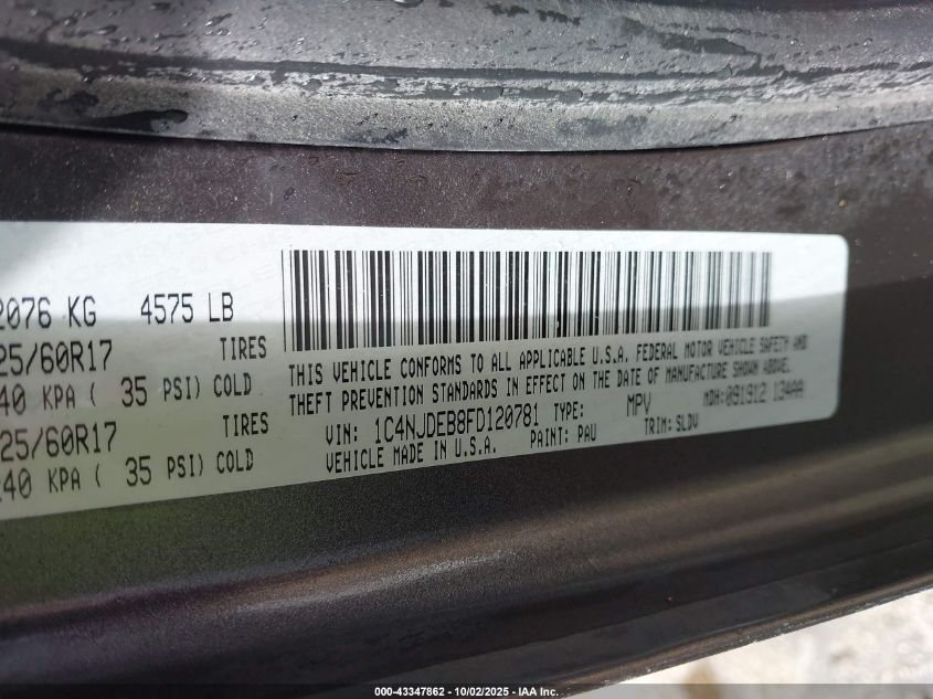 2015 Jeep Compass High Altitude Edition VIN: 1C4NJDEB8FD120781 Lot: 43347862