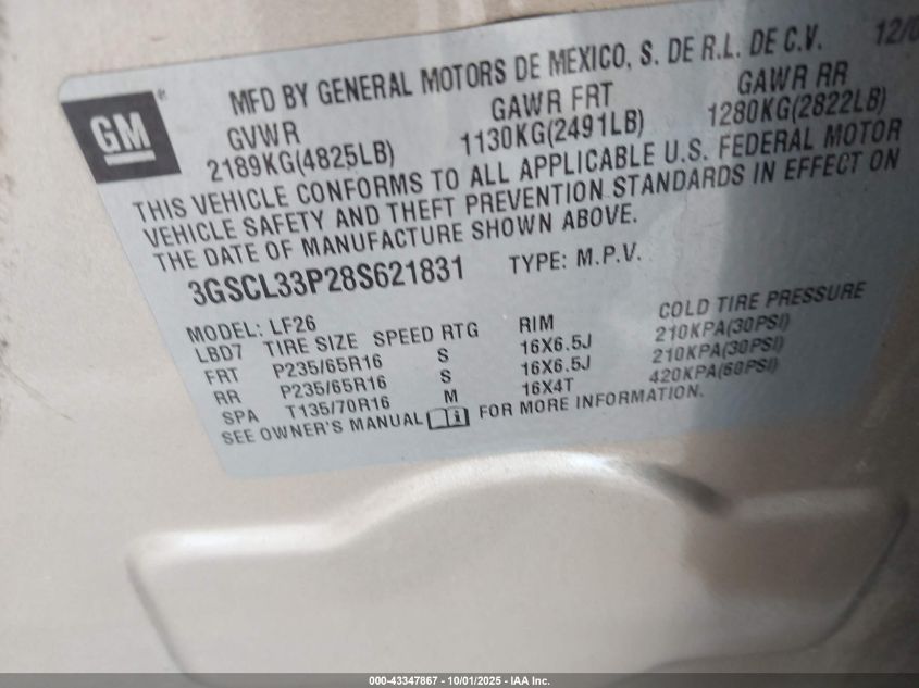 2008 Saturn Vue 4-Cyl Xe VIN: 3GSCL33P28S621831 Lot: 43347867