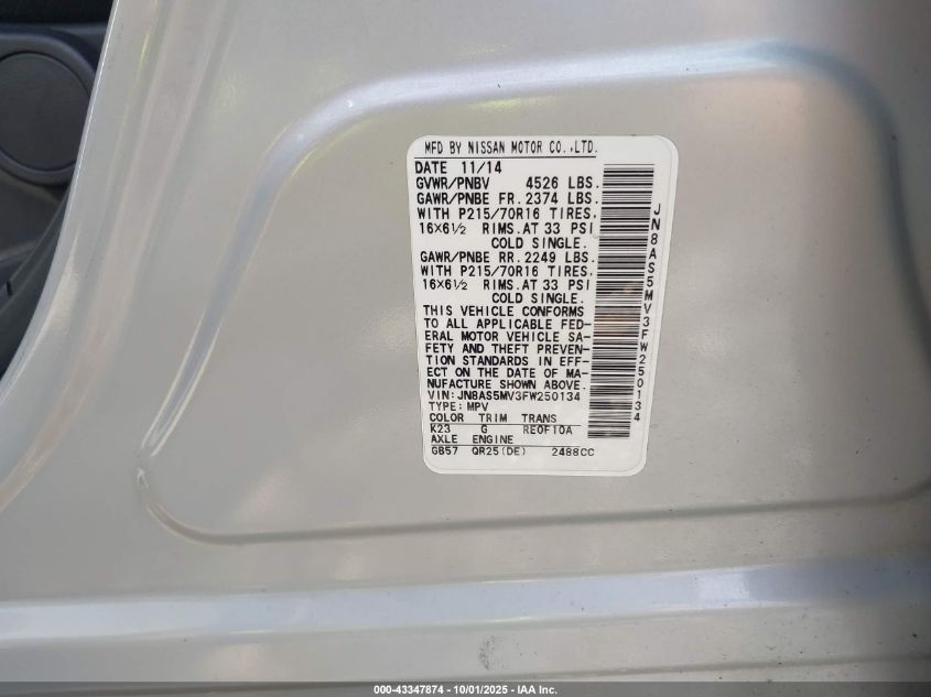 2015 Nissan Rogue Select S VIN: JN8AS5MV3FW250134 Lot: 43347874