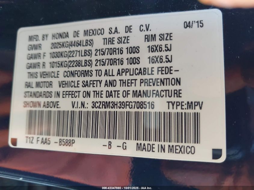 2015 Honda Cr-V Lx VIN: 3CZRM3H39FG708516 Lot: 43347880