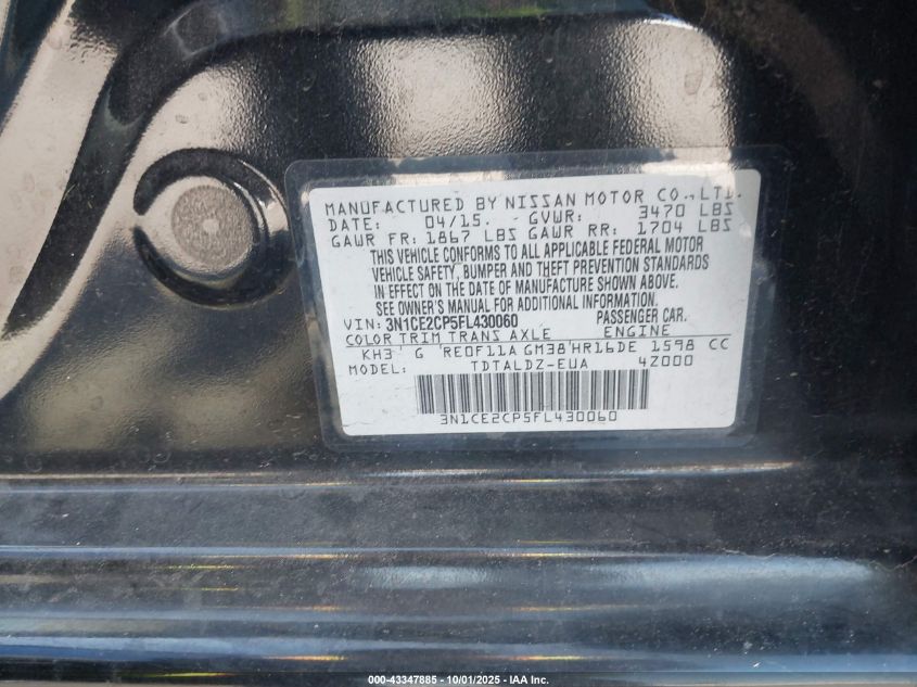 2015 Nissan Versa Note Sv VIN: 3N1CE2CP5FL430060 Lot: 43347885