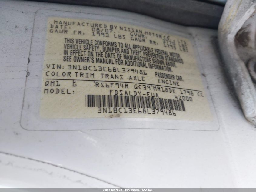 2008 Nissan Versa 1.8S VIN: 3N1BC13E68L379486 Lot: 43347892