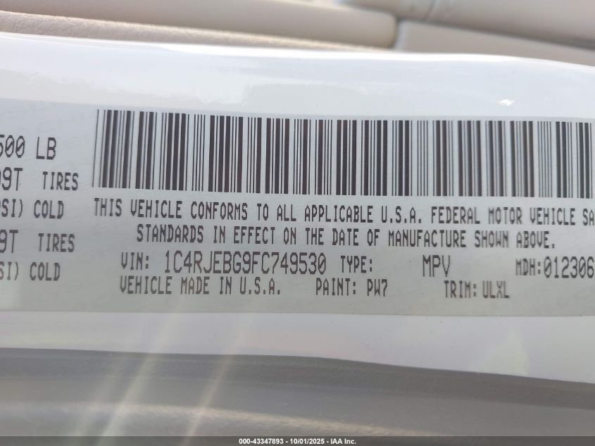 2015 Jeep Grand Cherokee Limited VIN: 1C4RJEBG9FC749530 Lot: 43347893