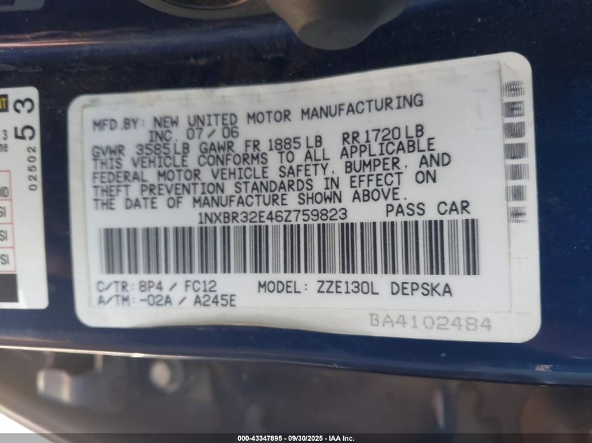 2006 Toyota Corolla S VIN: 1NXBR32E46Z759823 Lot: 43347895