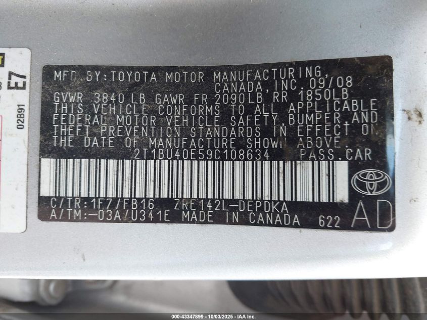 2009 Toyota Corolla Le VIN: 2T1BU40E59C108634 Lot: 43347899