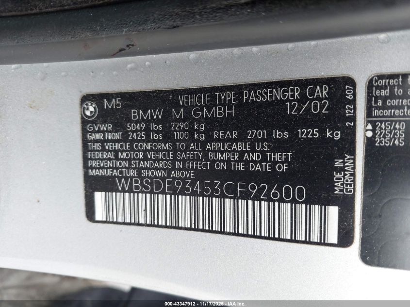 2003 BMW M5 VIN: WBSDE93453CF92600 Lot: 43347912