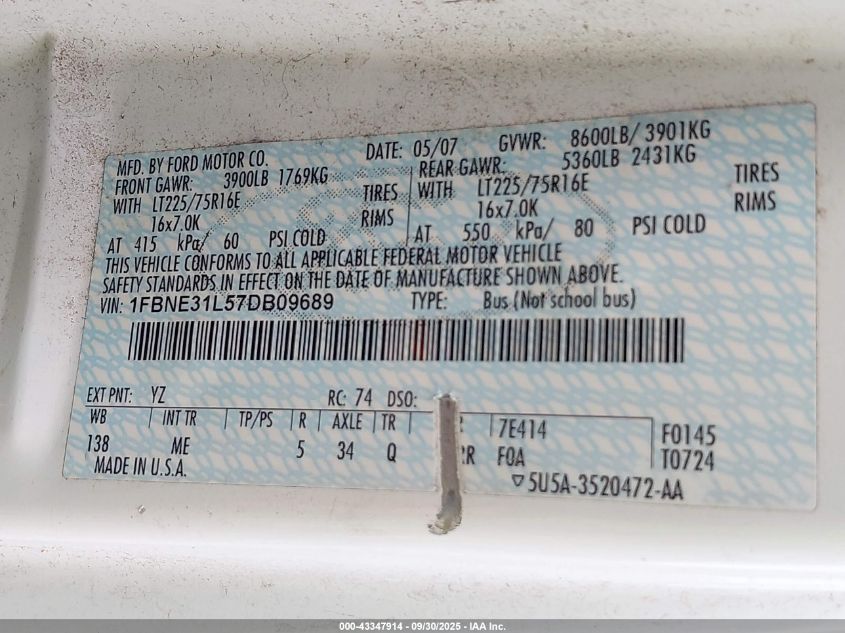 2007 Ford E-350 Super Duty Xl/Xlt VIN: 1FBNE31L57DB09689 Lot: 43347914