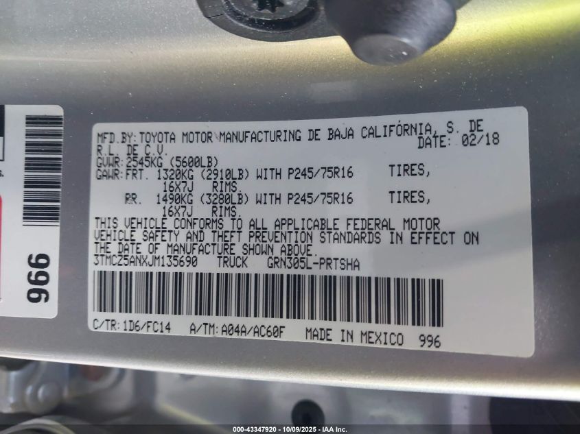 2018 Toyota Tacoma Sr5 V6 VIN: 3TMCZ5ANXJM135690 Lot: 43347920