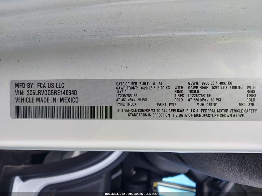 2024 Ram Promaster 2500 Tradesman High Roof 159 Wb W/Pass Seat VIN: 3C6LRVDG5RE140340 Lot: 43347922