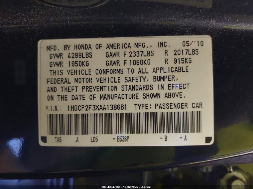2010 Honda Accord 2.4 Lx VIN: 1HGCP2F3XAA138681 Lot: 43347969