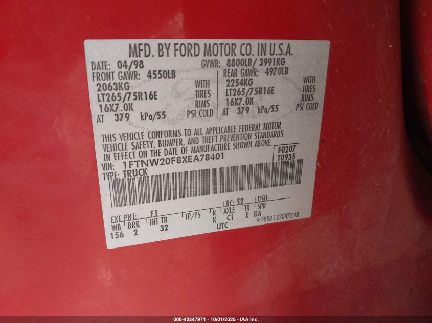 1999 Ford F-250 Lariat/Xl/Xlt VIN: 1FTNW20F8XEA78401 Lot: 43347971