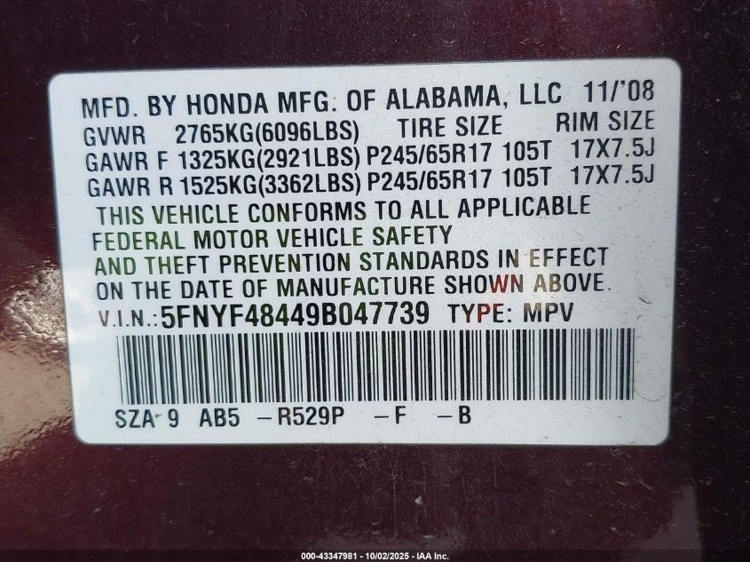 2009 Honda Pilot Ex VIN: 5FNYF48449B047739 Lot: 43347981