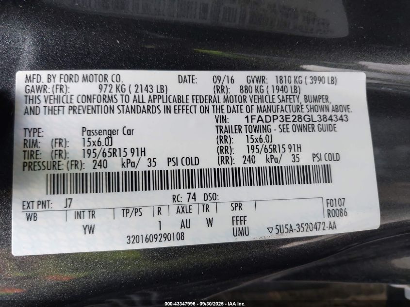 2016 Ford Focus S VIN: 1FADP3E28GL384343 Lot: 43347996