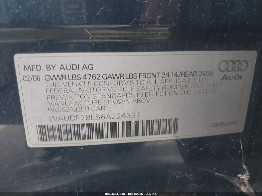 2006 Audi A4 2.0T VIN: WAUDF78E56A224339 Lot: 43347998