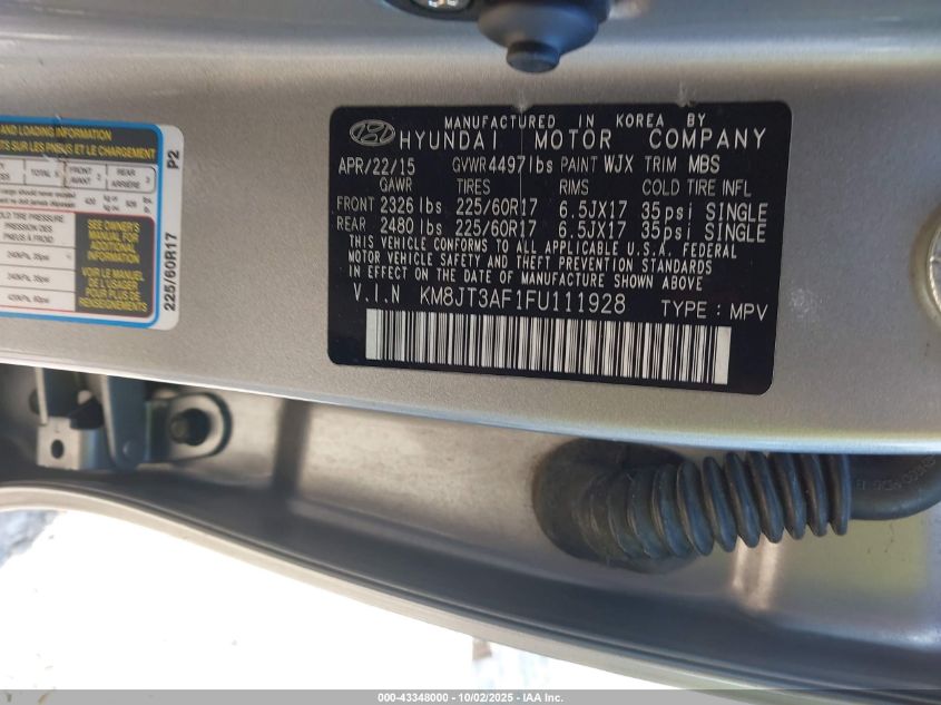 2015 Hyundai Tucson Gls VIN: KM8JT3AF1FU111928 Lot: 43348000