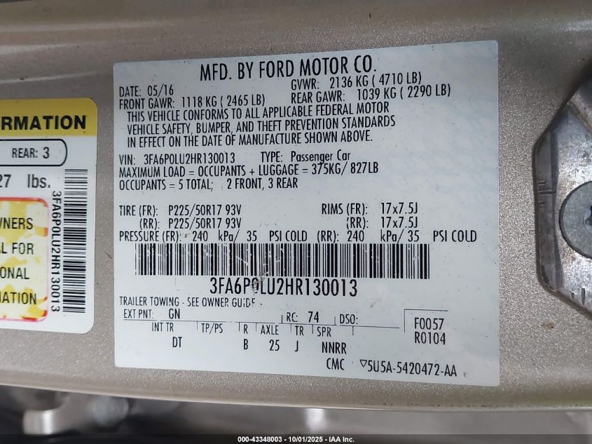 2017 Ford Fusion Hybrid Se VIN: 3FA6P0LU2HR130013 Lot: 43348003