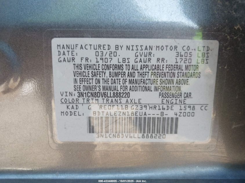 2020 Nissan Versa S Xtronic Cvt VIN: 3N1CN8DV6LL888220 Lot: 43348005