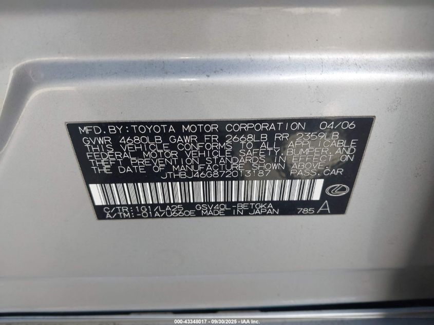 2007 Lexus Es 350 VIN: JTHBJ46G872013187 Lot: 43348017